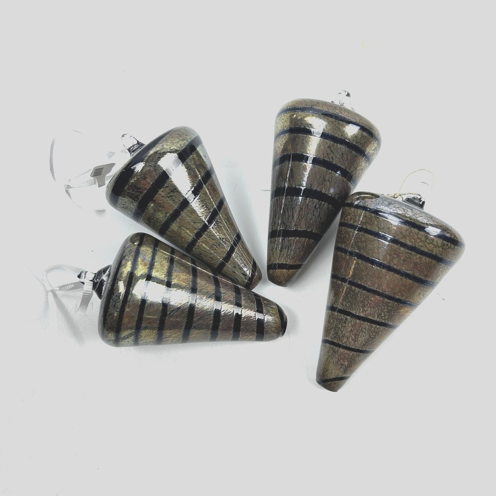 SET of 4 Glass Handblown Iridescent Stripe Navy Gold 4" Cone Christmas Ornaments